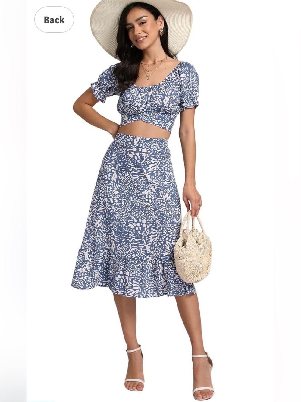Women's off shoulder crop top + high waist long skirt set, blue & white, medium